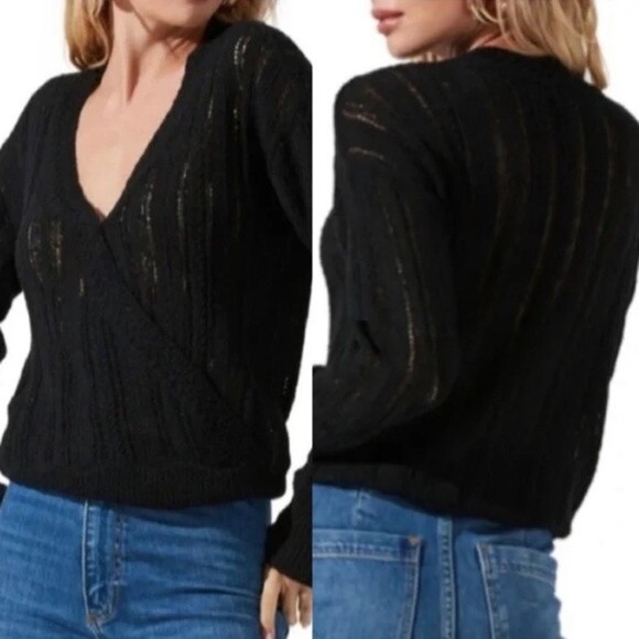 ASTR The Label Sweater Wrap FrontvBlack Knit Surplice Pointelle Top Size XL - Picture 3 of 14